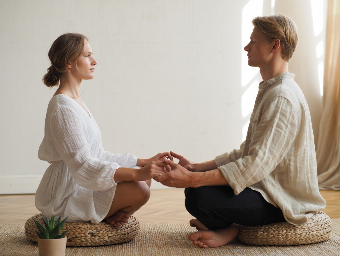Lena och Johan sitter i meditation