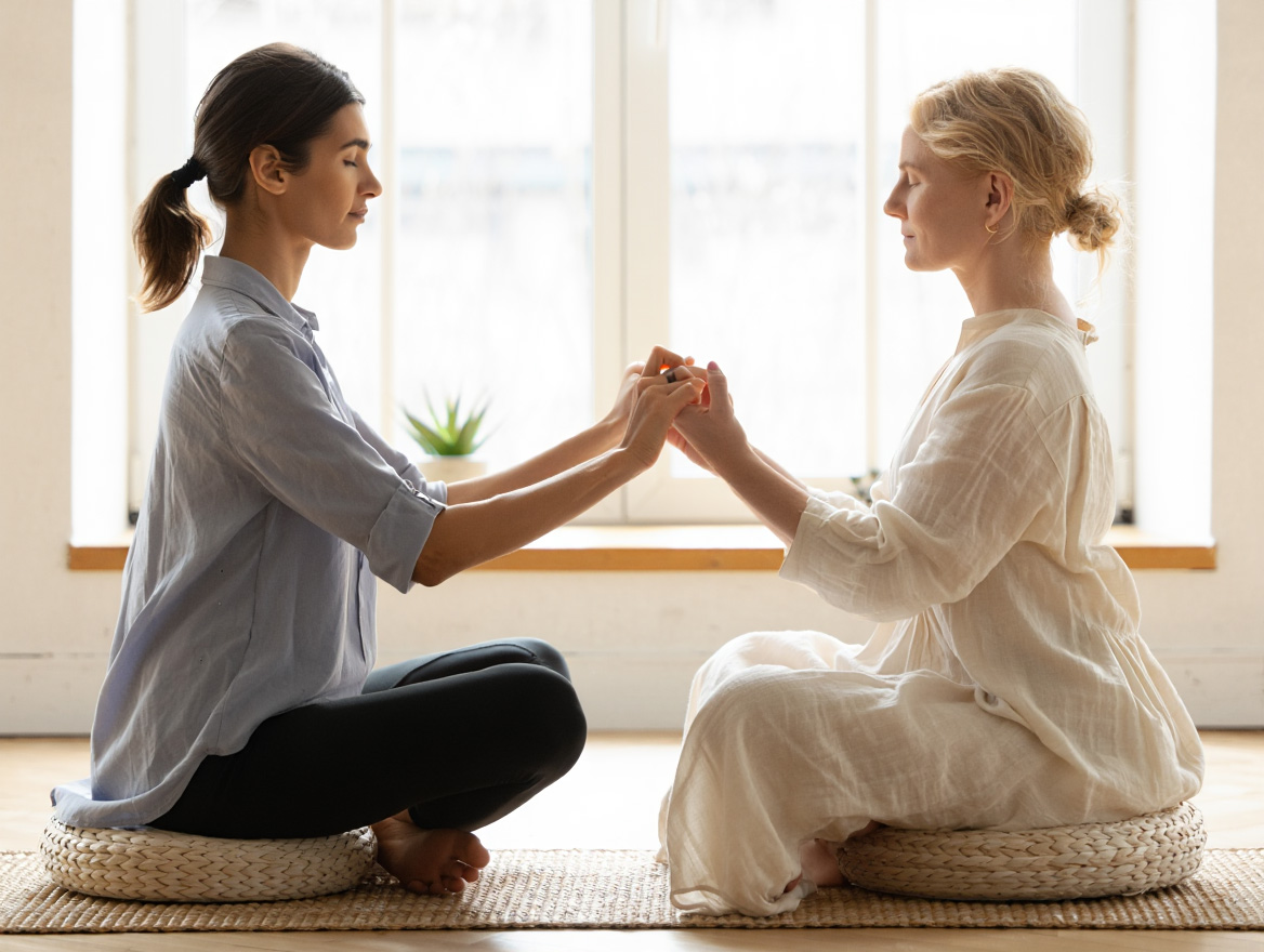 Maria och Emma håller händer under meditation
